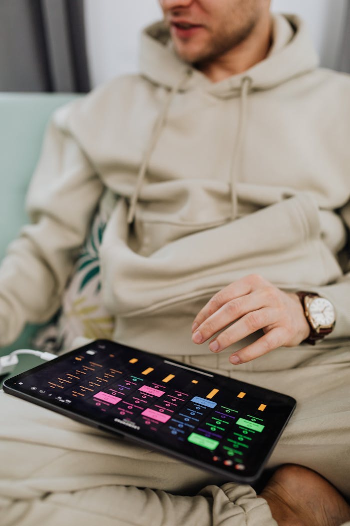 An adult using a tablet while sitting comfortably in a cozy indoor setting.